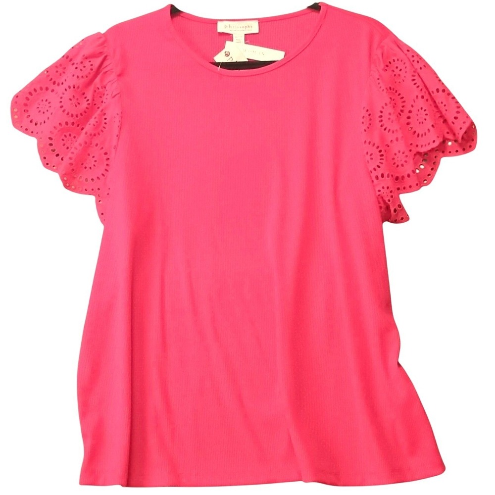 2X PLUS pH Philosophy Woman Pink Ribbed Knit Top with Eyelet Flutter Sleeves